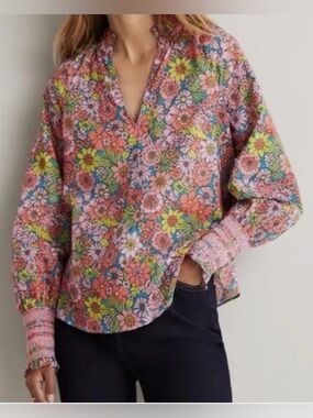 NWT Boden Pink Floral Garden Cotton Blouse Ruffle V-Neck Smocked Cuff Size US 14